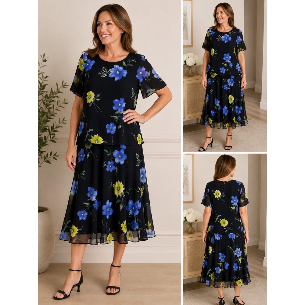 Donna‎ Ricco New York Womens 12P Black Blue Floral Chiffon Skirt Blouse Set